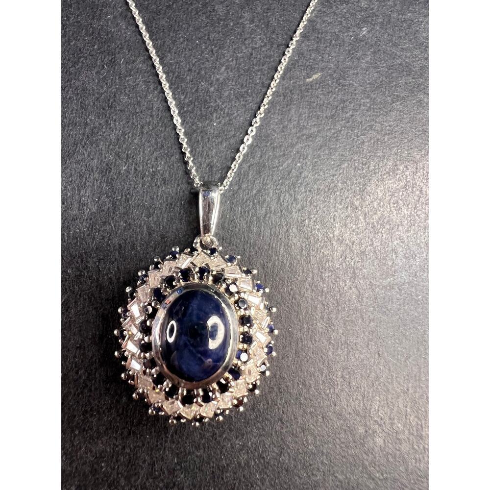 NEW Blue star sapphire and moissanite sterling silver halo pendant necklace